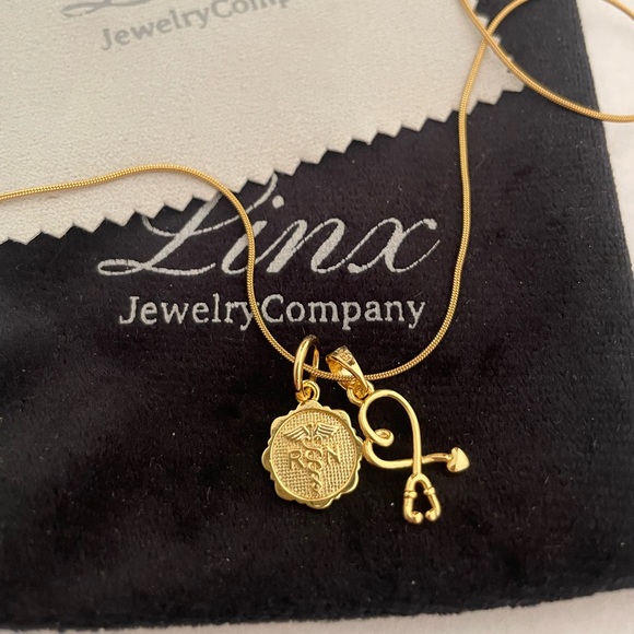 22in Yellow Gold Necklace with Registered Nurse and Stethoscope Charms - Picture 4 of 5